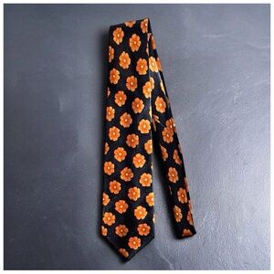 Bijan Black Silk Floral Tie - Orange Daisy Print | Statement Luxury Neckwear